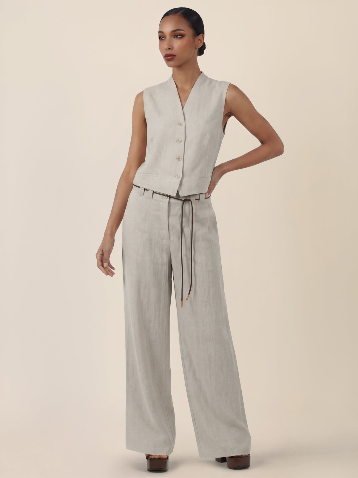 APART Weite Leinenhose mit Gürtel-Detail | beige-meliert