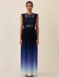 APART Maxikleid mit Spitze, Rüschen und plissiertem Dégradé-Rock | nachtblau-multicolor