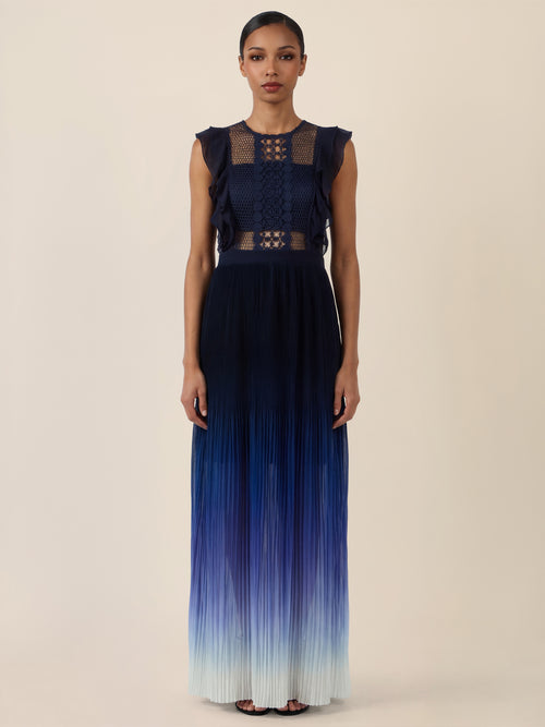 APART Maxikleid mit Spitze, Rüschen und plissiertem Dégradé-Rock | nachtblau-multicolor image 1