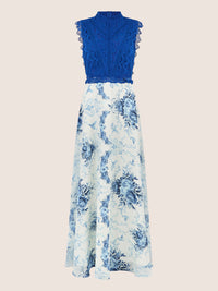APART Langkleid mit Spitze und floralem Rock | royalblau-multicolor
