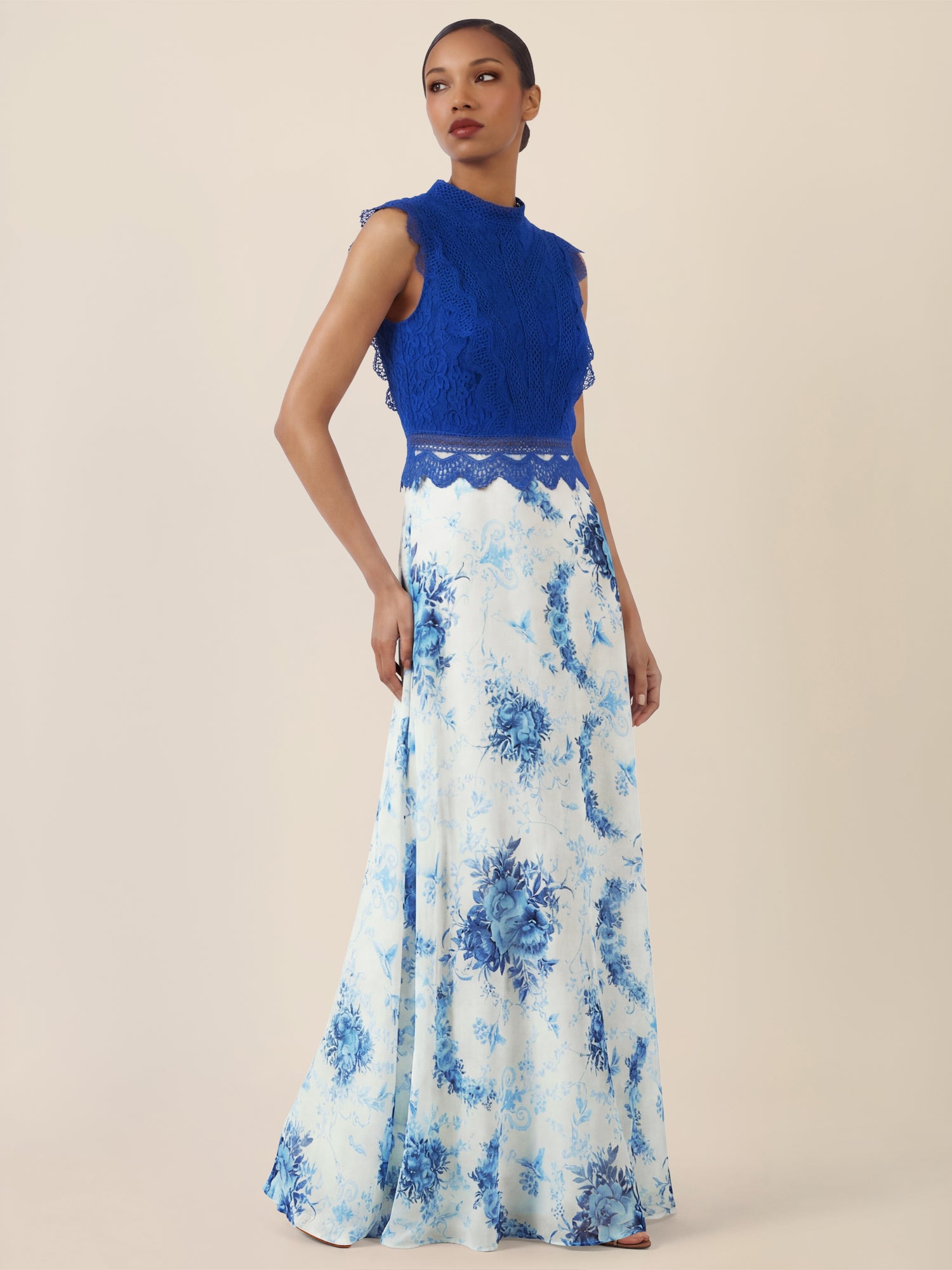 APART Langkleid mit Spitze und floralem Rock | royalblau-multicolor