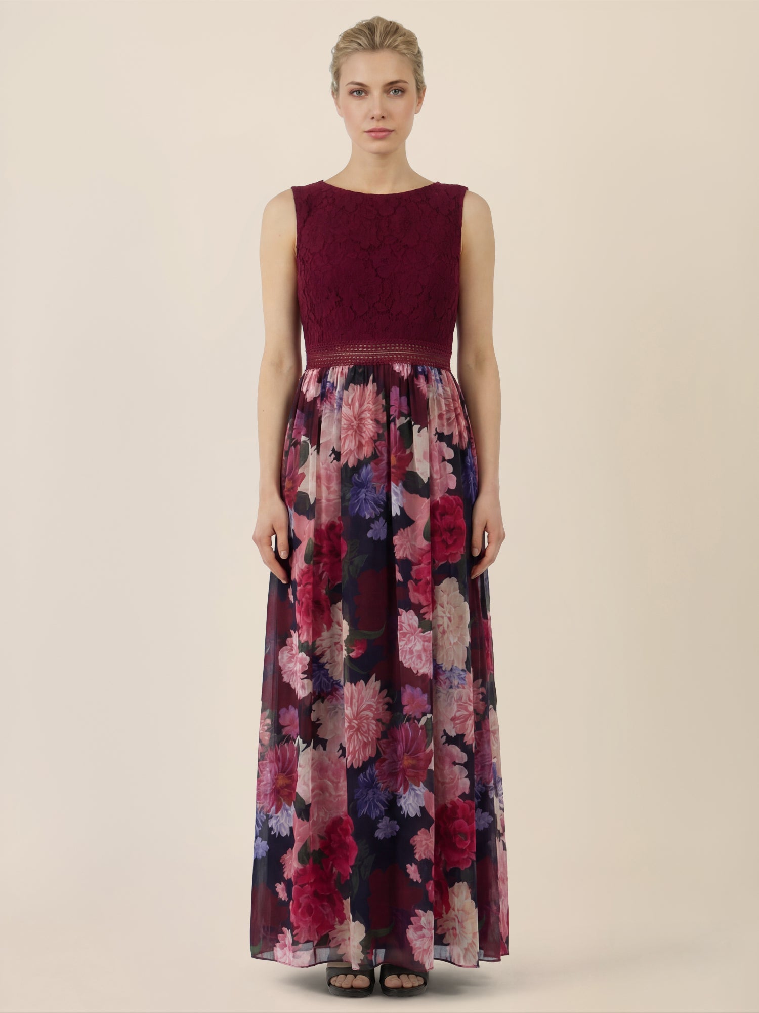 APART Maxikleid mit Spitzenoberteil & Blumenrock | weinrot-multicolor