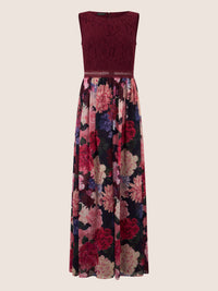 APART Maxikleid mit Spitzenoberteil & Blumenrock | weinrot-multicolor