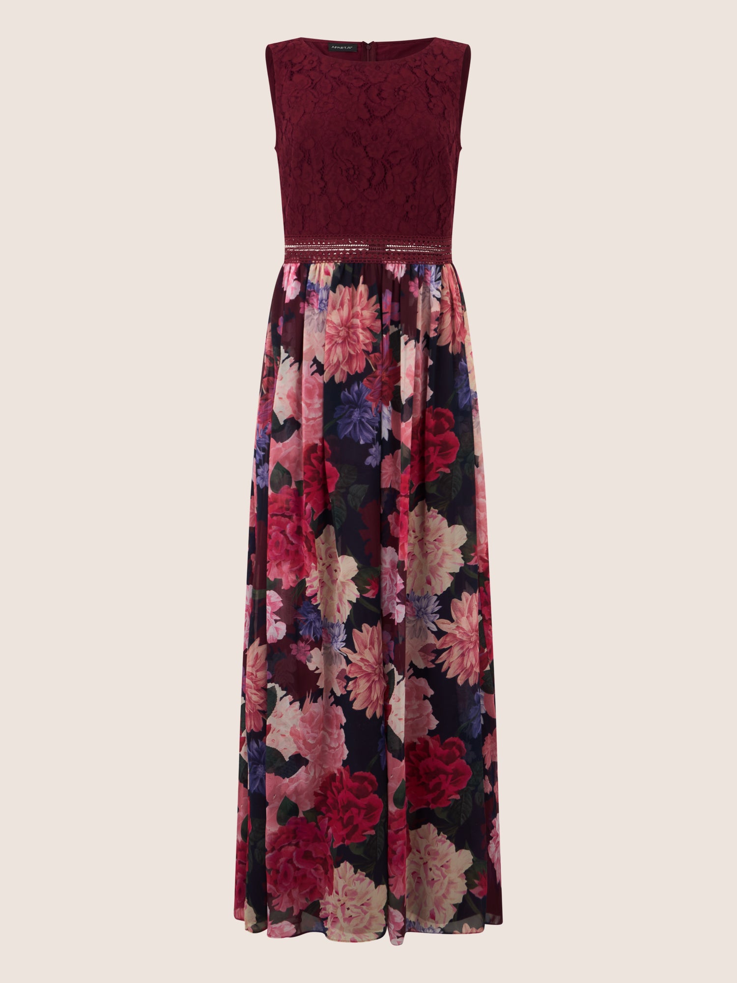 APART Maxikleid mit Spitzenoberteil & Blumenrock | weinrot-multicolor