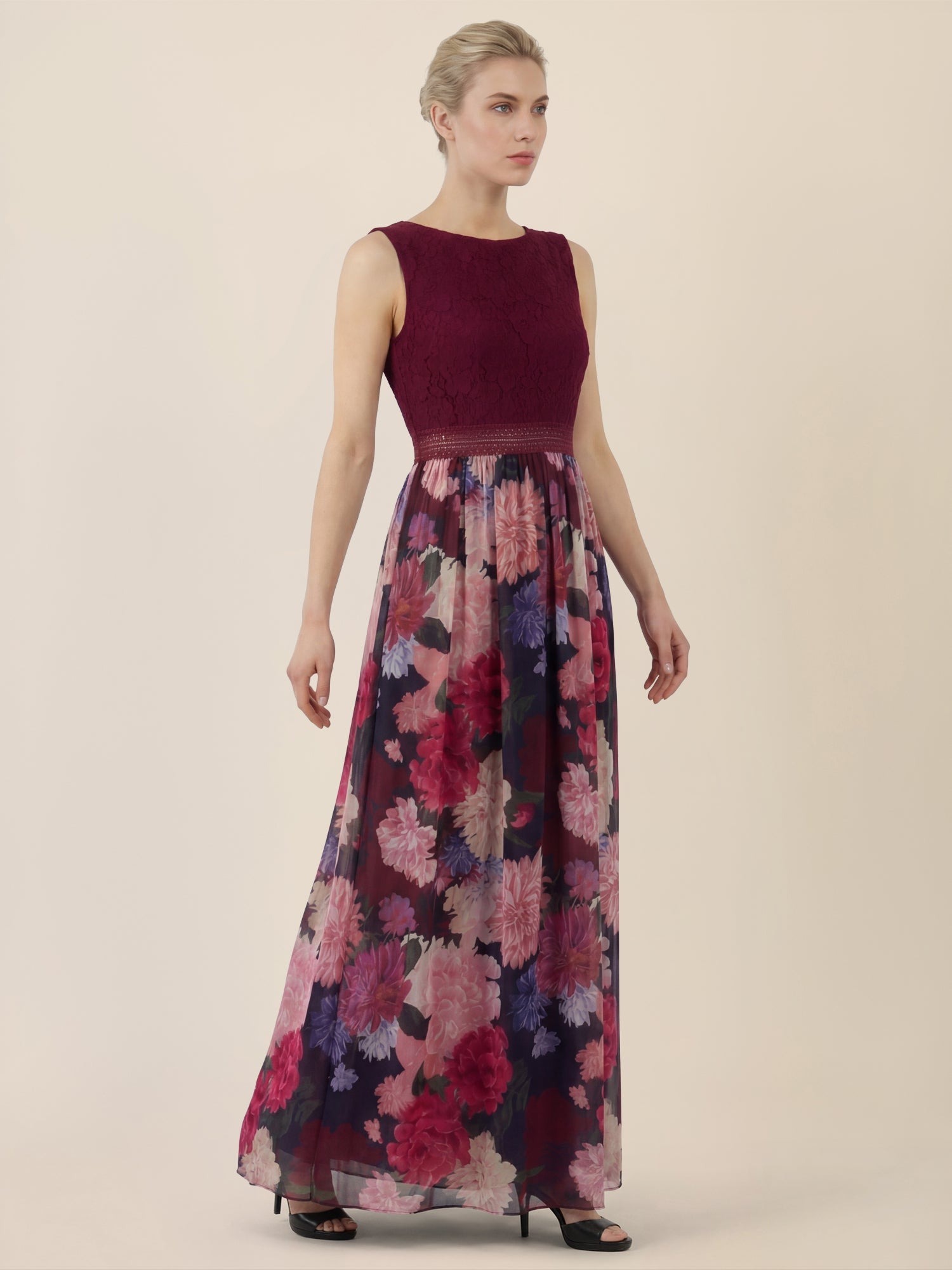 APART Maxikleid mit Spitzenoberteil & Blumenrock | weinrot-multicolor