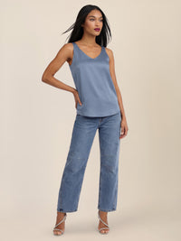 APART Satin-Top mit tiefem V-Ausschnitt | rauchblau