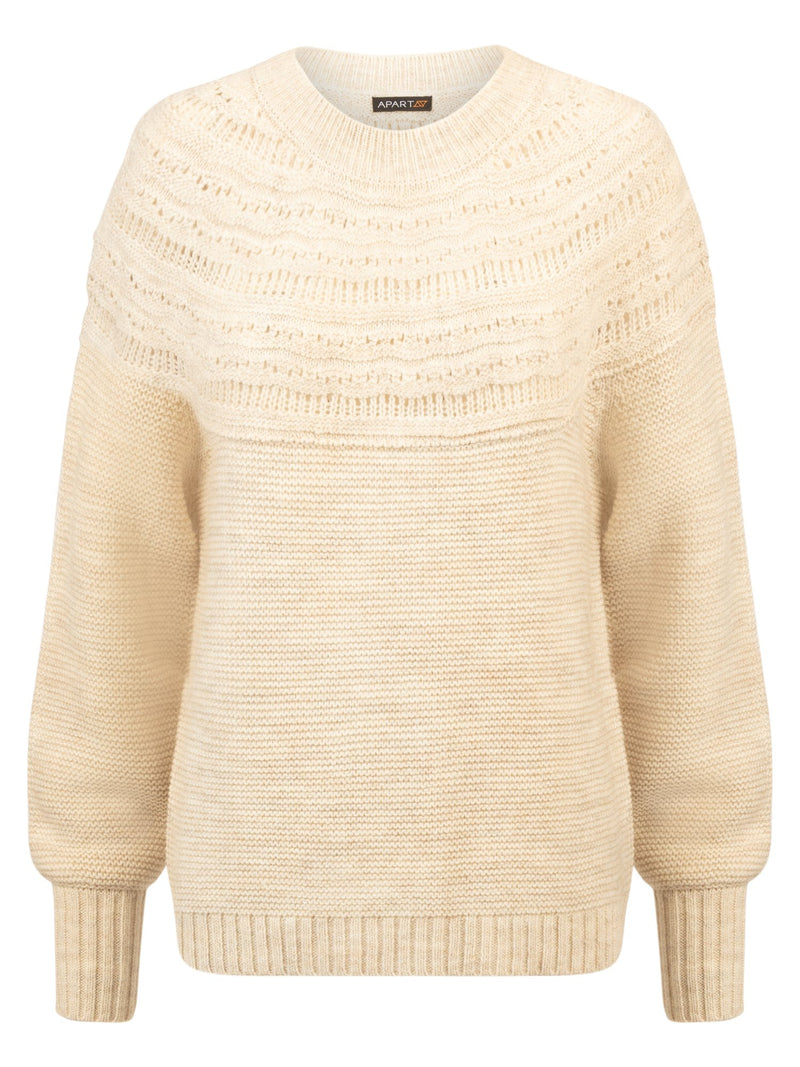 APART Pullover mit Rundpasse aus Ajour- Muster | beige melange
