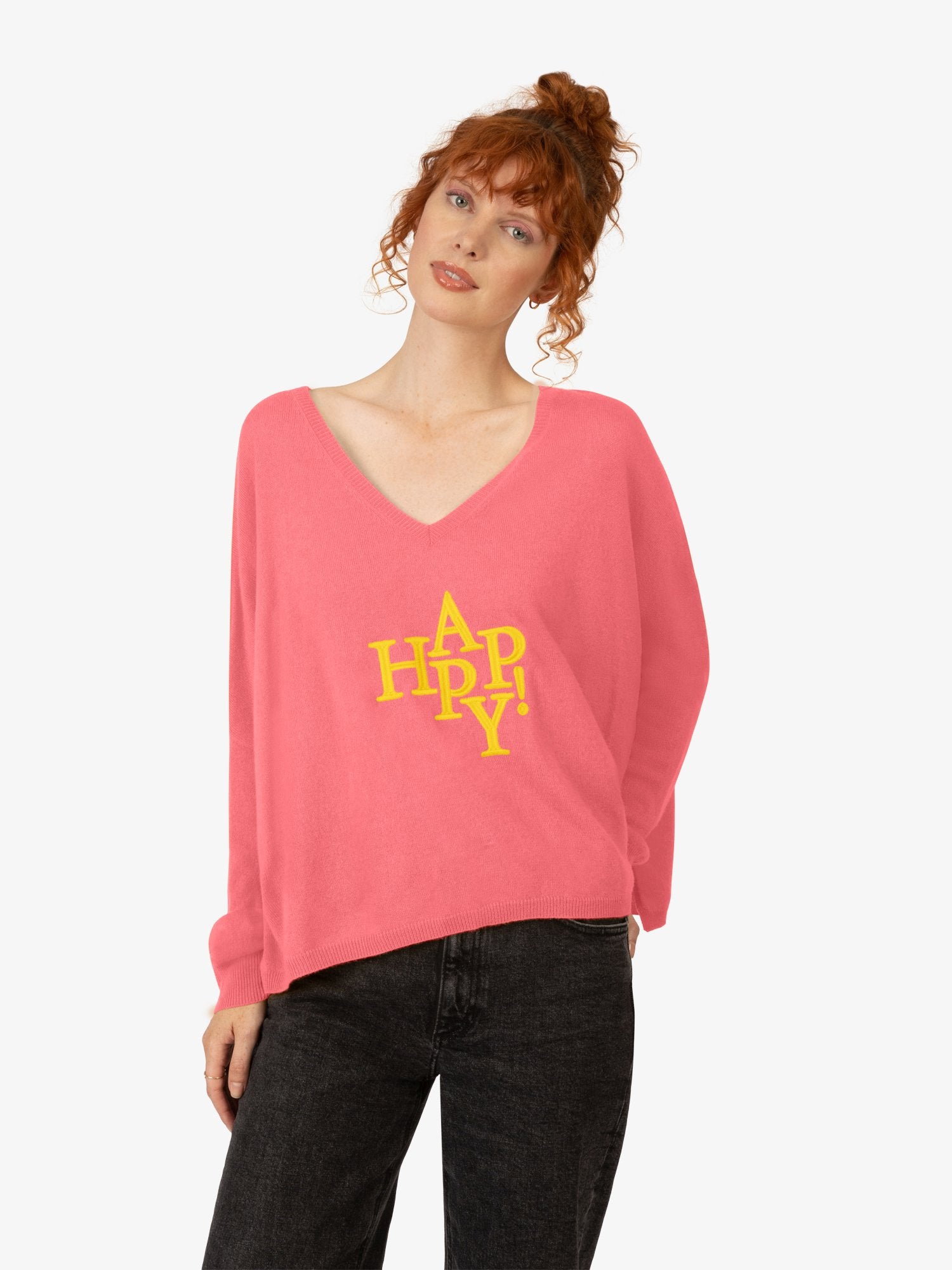 RAINBOW CASHMERE Pullover mit V-Ausschnitt und Stickerei auf der Vorderseite | pink-gelb