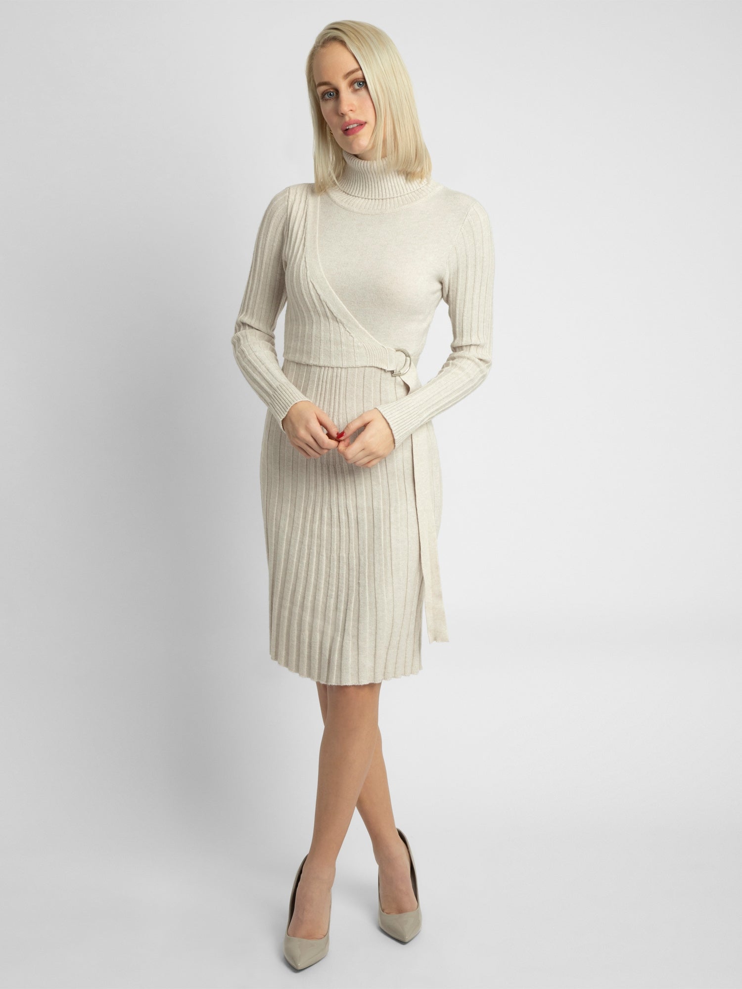 APART elegantes Kleid, Strick-Kleid, mit Kaschmir-Anteil, Wickel-Optik, Rollkragen | beige