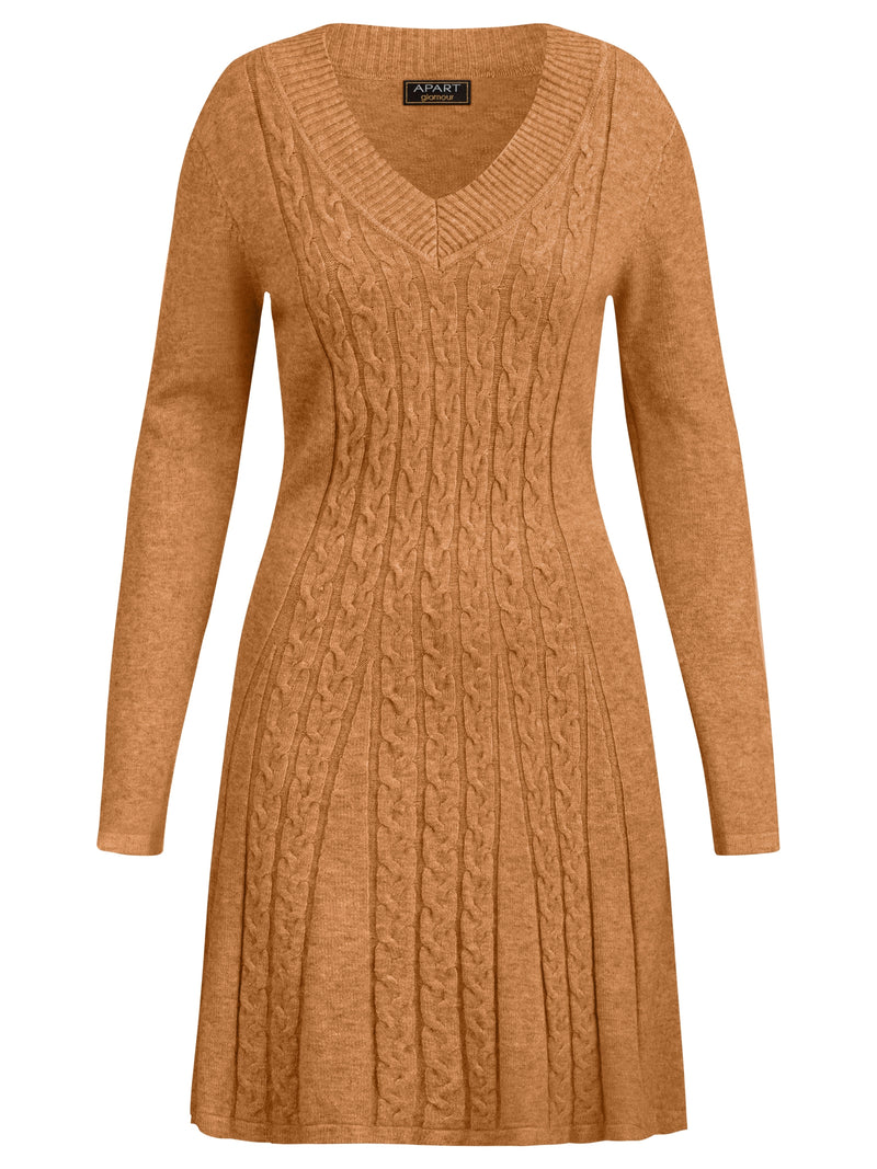 APART trendiges Kleid, Strickkleid, mit Kaschmir-Anteil, Zopfmuster allover, figurbetonend | karamell