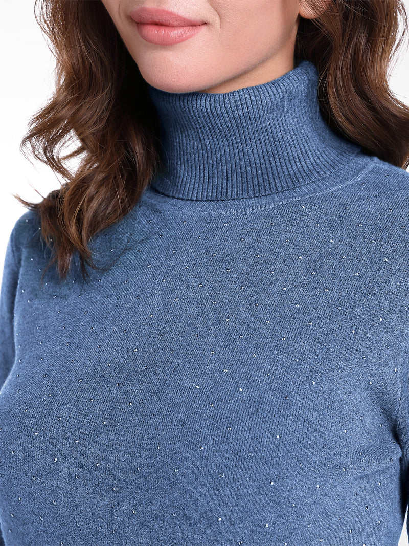 APART kuscheliger Pullover mit Rollkragen in Rippstrick, vorn allover mit glitzernden Stei | jeansblau