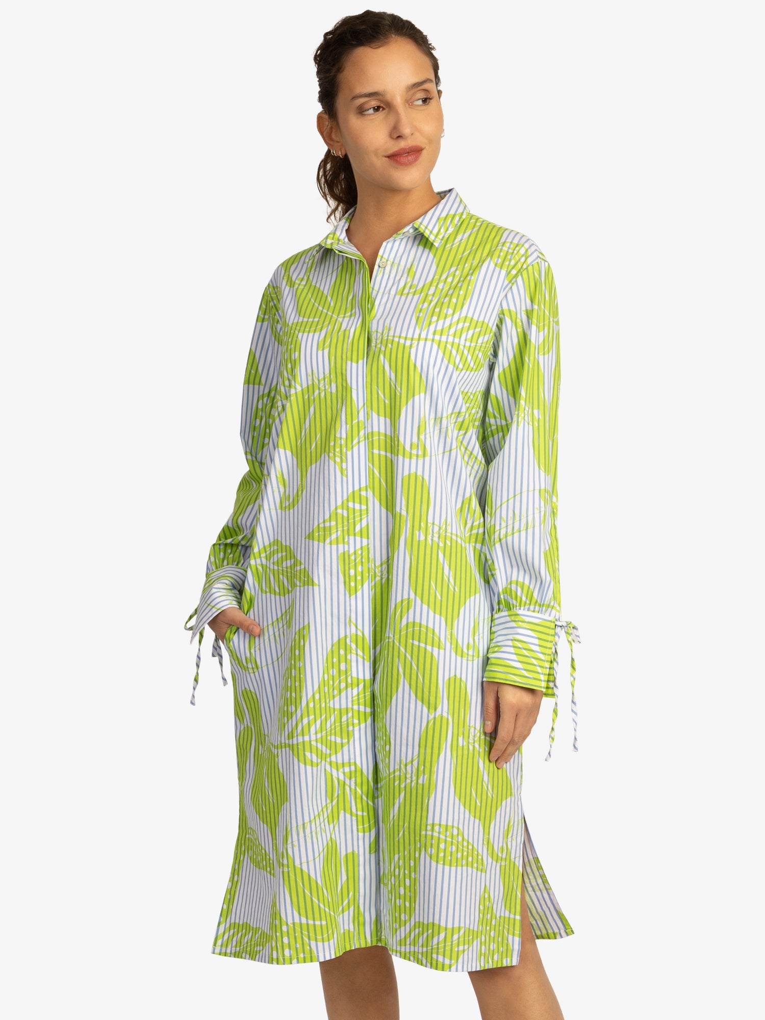Mint & Mia Sommer Kleid aus hochwertigem Baumwolle Material mit Hemdkragen | weiß-lime