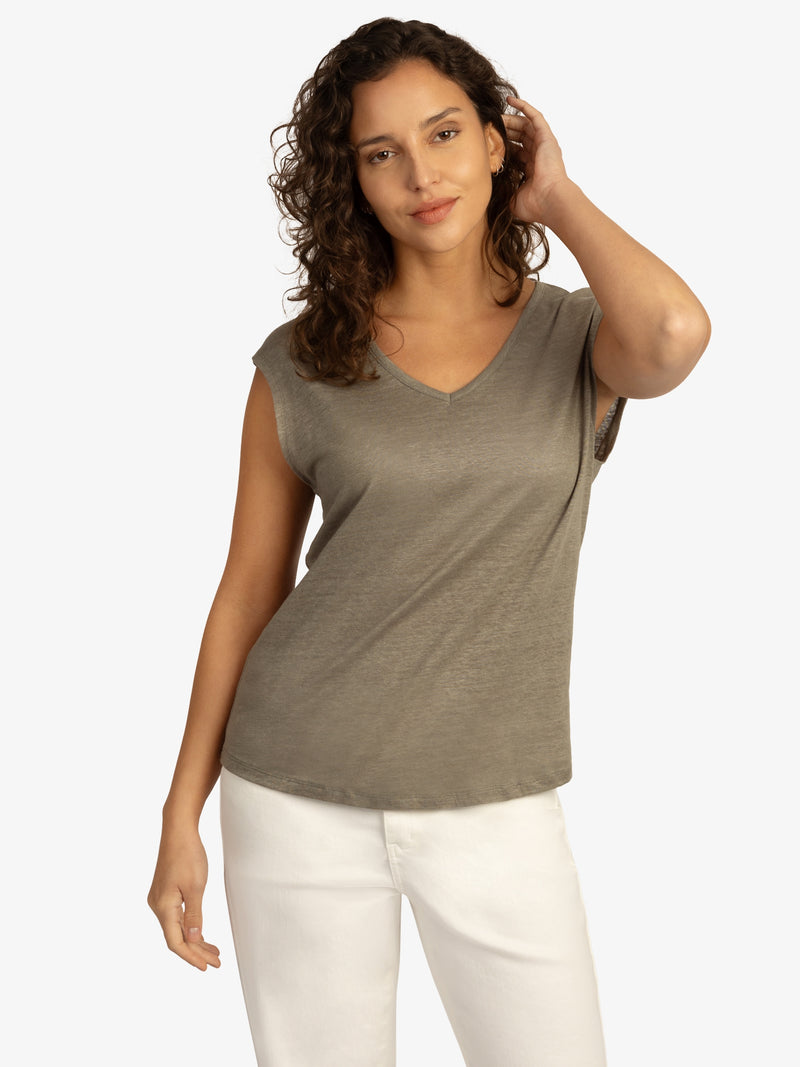 Mint & Mia Leinen T-Shirt aus hochwertigem Leinen Material mit V-Ausschnitt | khaki