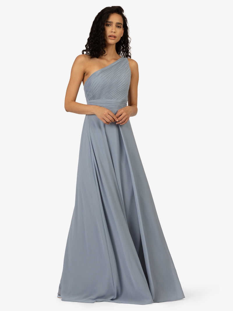 APART One-Shoulder Abendkleid mit Plissee- Drapierung vorne | rauchblau