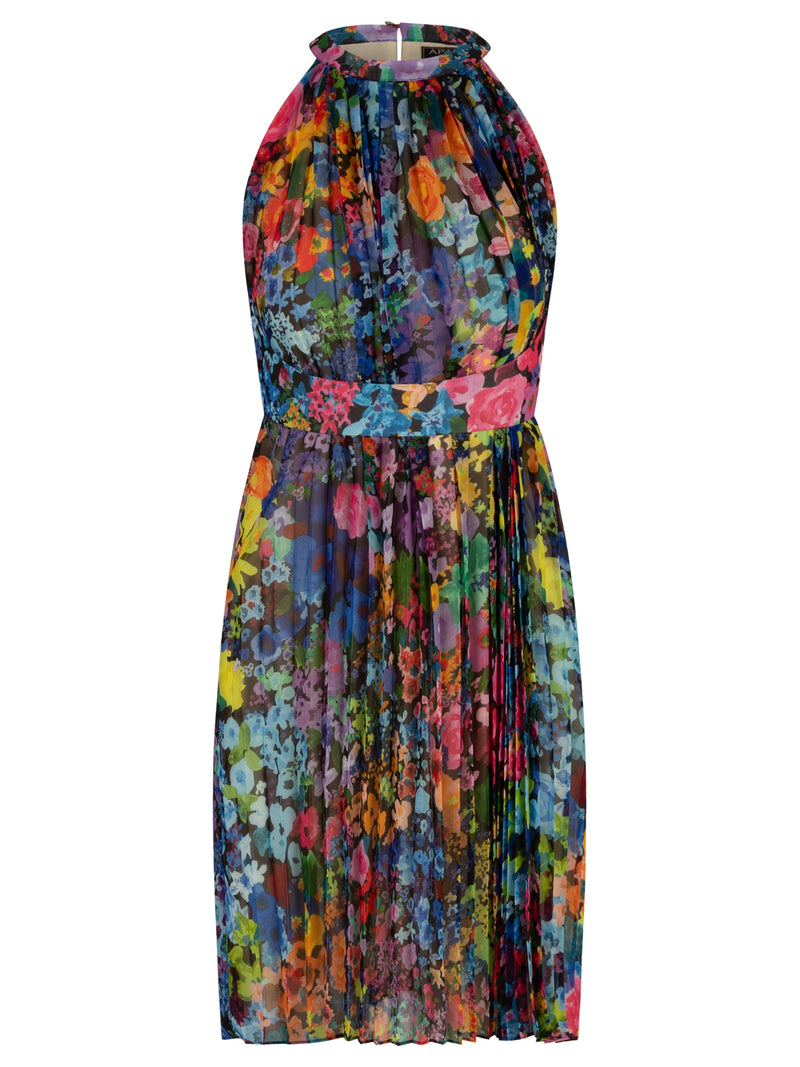 APART Kurzes Plisseekleid aus leicht körnigem, plissiertem Chiffon, mit Blumen bedruckt | blau-multicolor