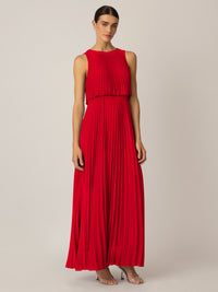 APART Plisseekleid mit rundem Ausschnitt vorne und hinten und schmalem , sichtbaren Halsri | rot