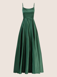 APART Langes Satin Kleid mit verstellbaren Spaghettiträgern | dunkelgrün