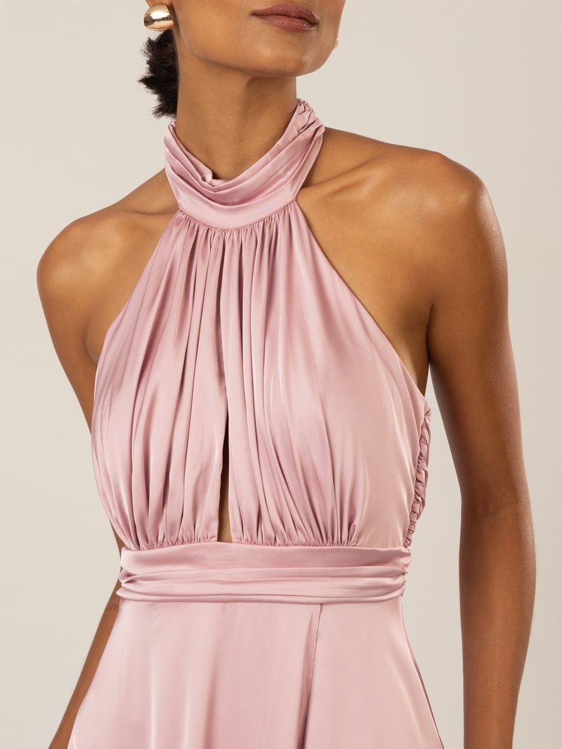 APART Langes Satin Kleid mit Raffung und Wickeloptik | altrosa