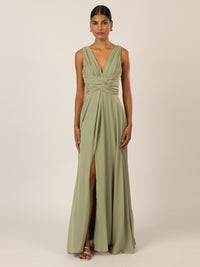 APART Langes Chiffon Kleid mit V-Ausschnitt vorne und Hinten | olive