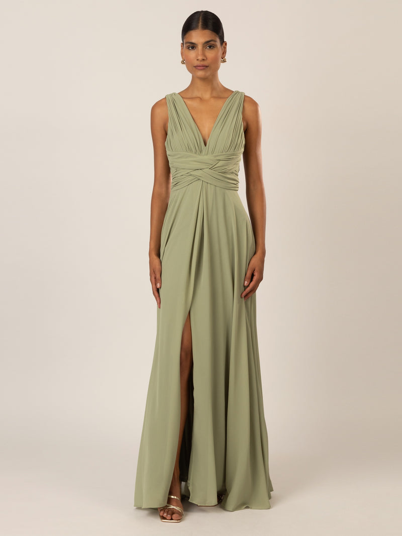 APART Langes Chiffon Kleid mit V-Ausschnitt vorne und Hinten | olive