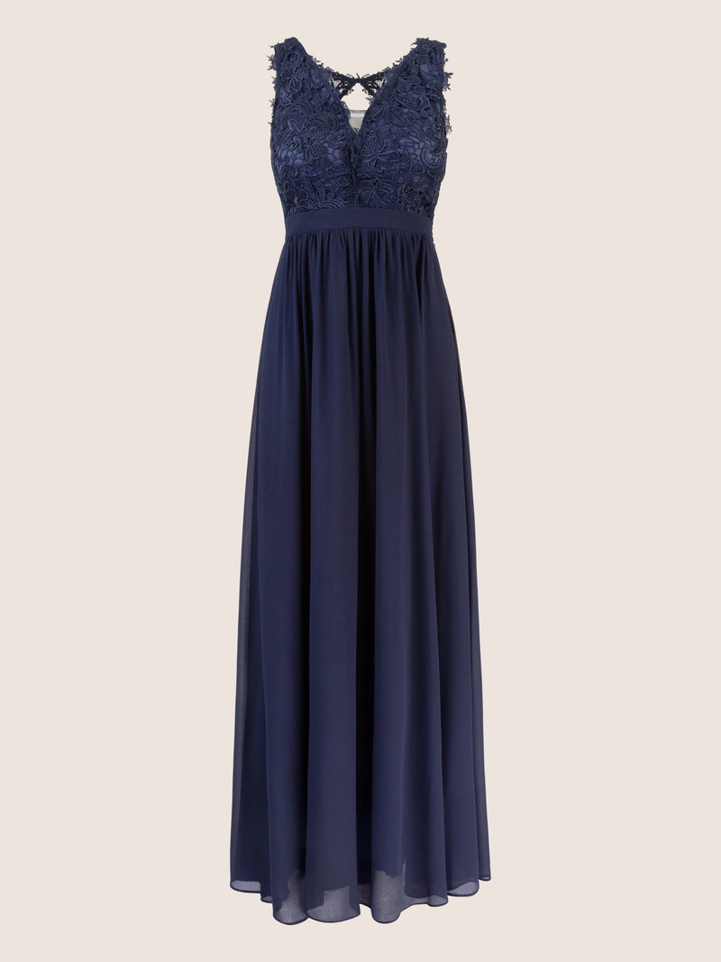 APART Langes Chiffon Kleid mit tiefer V-Ausschnitt | navy