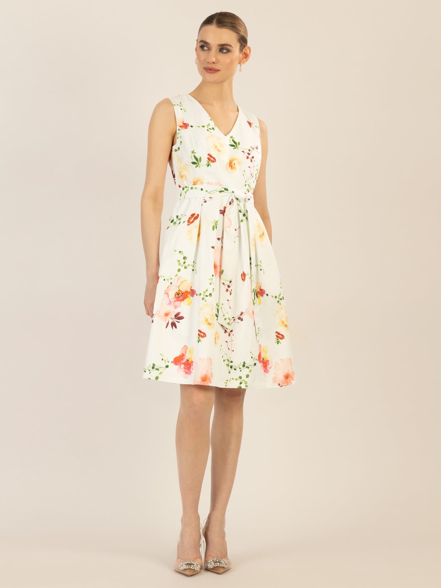 APART bedrucktes Satinkleid aus matt glänzendem Satin mit allover Flower-Print | creme-multicolor