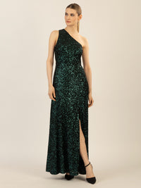 APART One-Shoulder Abendkleid mit unterschiedlich großen Pailletten bestickt | emerald
