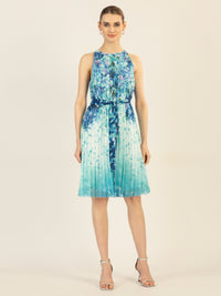 APART kurzes Plisseekleid aus leicht körnigem, bedrucktem und plissierten Chiffon | türkis-multicolor