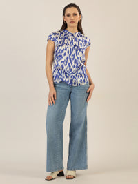 APART bedruckte Bluse aus matt schimmerndem Satin mit Allover-Druckmuster | royalblau-creme