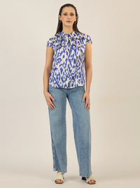 APART bedruckte Bluse aus matt schimmerndem Satin mit Allover-Druckmuster | royalblau-creme