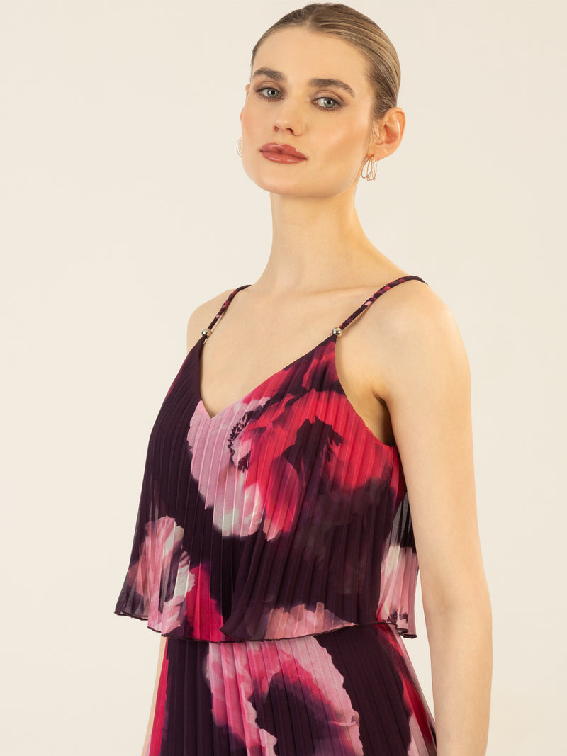 APART Abendkleid in 2in1 Optik, allover bedruckt mit großen Blüten | pflaume-multicolor
