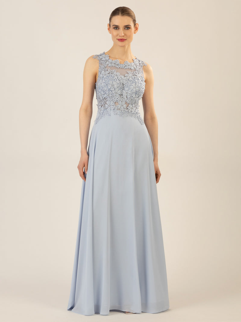 APART Abendkleid im Materialmix aus bestickter Spitze und Chiffon | hellblau