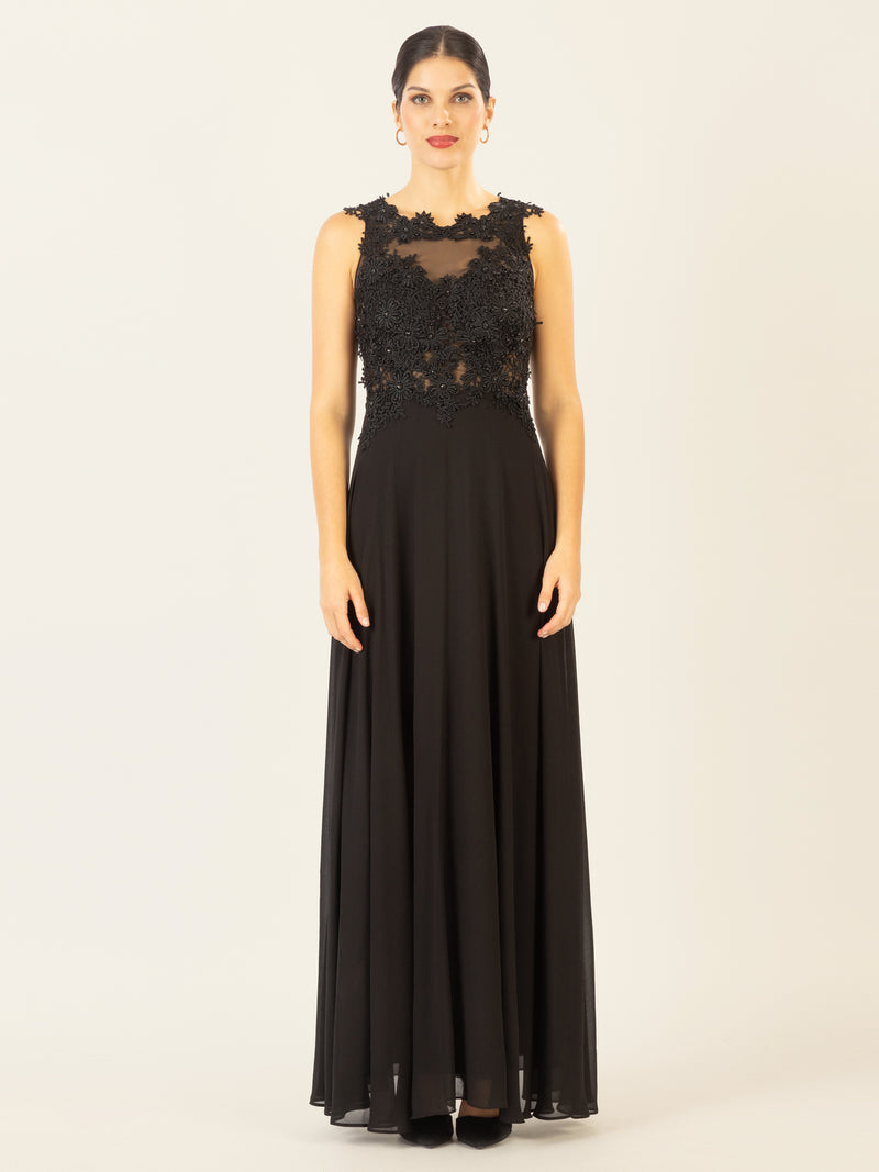 APART Abendkleid im Materialmix aus bestickter Spitze und Chiffon | schwarz