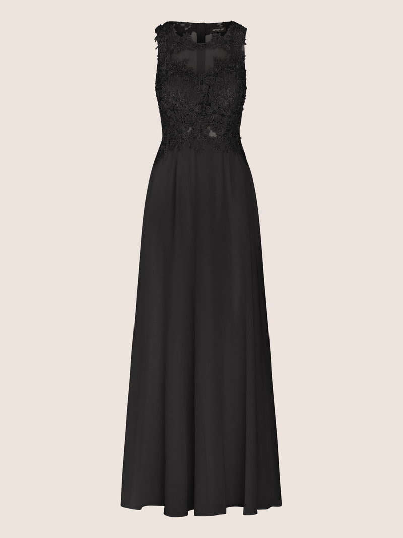 APART Abendkleid im Materialmix aus bestickter Spitze und Chiffon | schwarz
