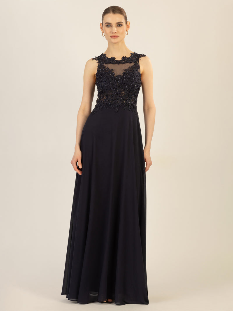 APART Abendkleid im Materialmix aus bestickter Spitze und Chiffon | nachtblau