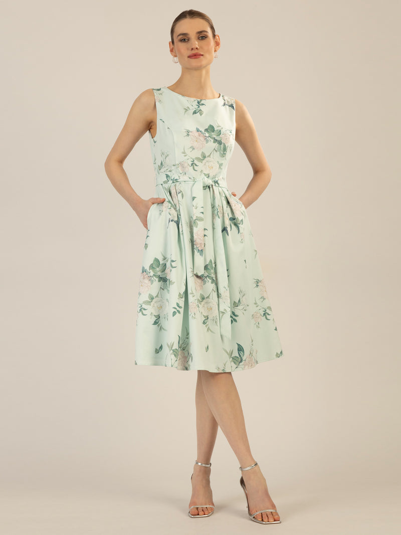 APART Satinkleid aus mattschimmerndem Satin mit allover Blumen-Druck | jade-multicolor
