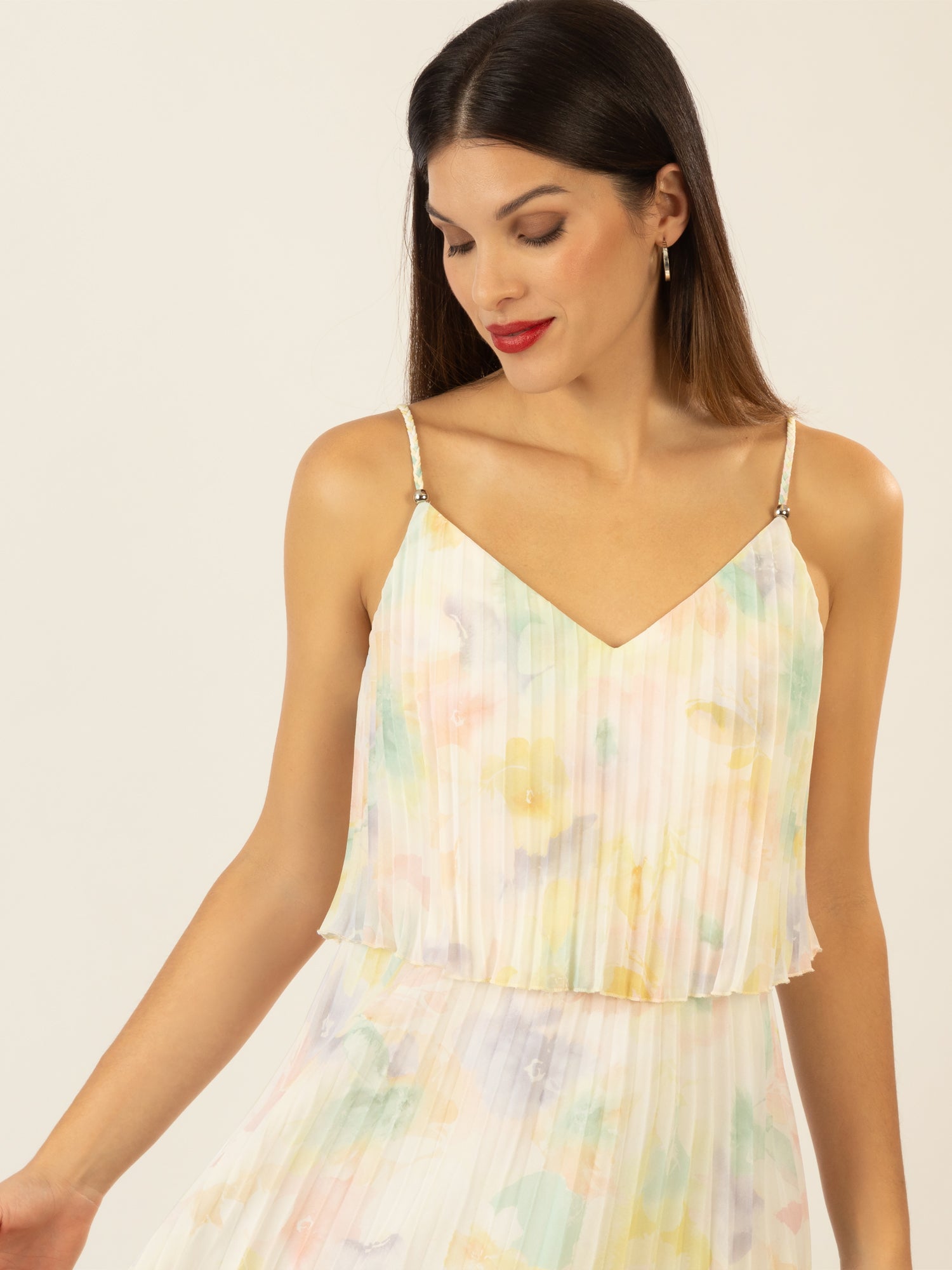 APART kurzes Plisseekleid in 2in1 Optik mit allover Print | vanille-multicolor