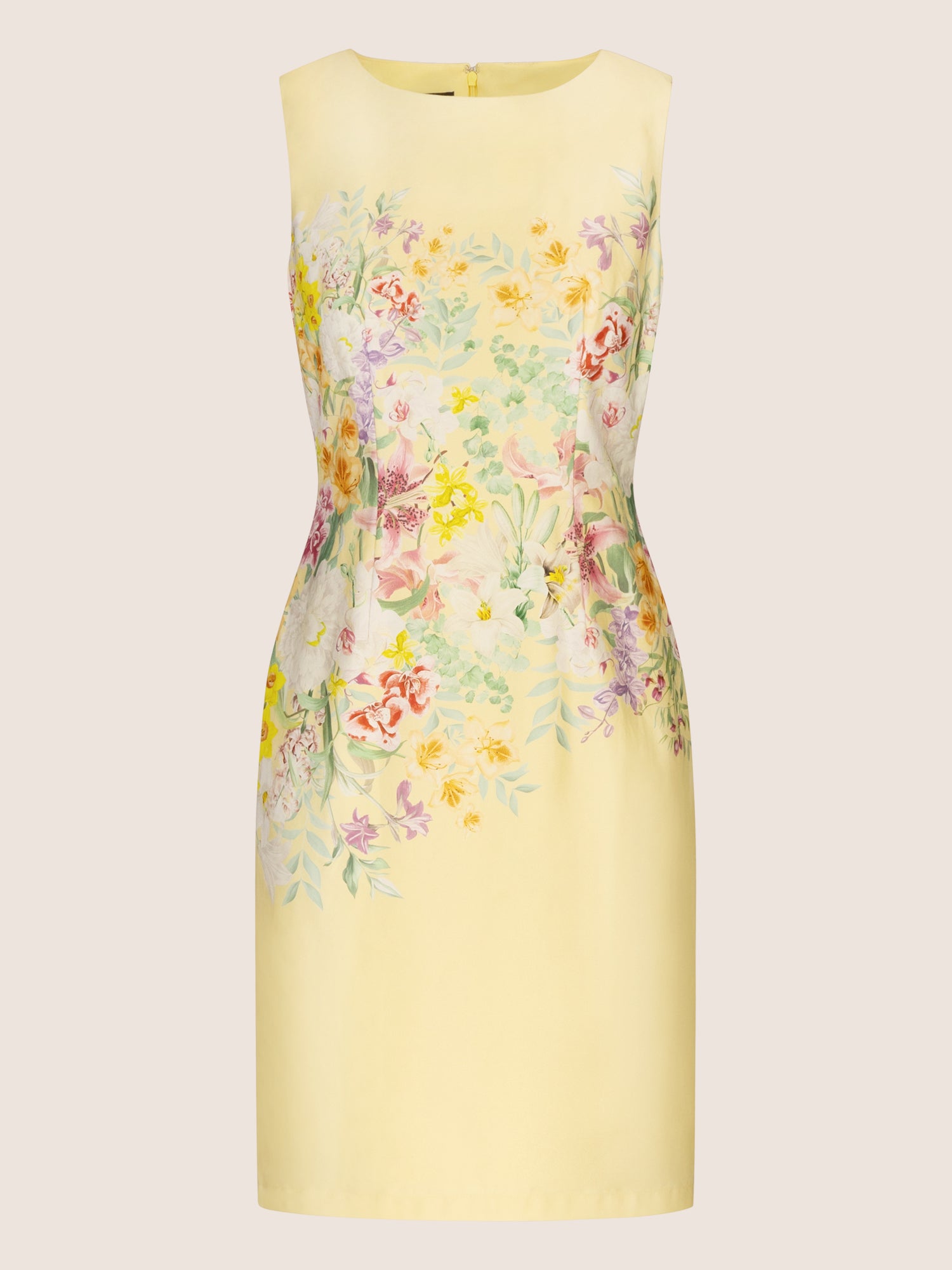 APART bedrucktes Etuikleid aus matt schimmerndem Satin, mit Blüten Druck | vanille-multicolor