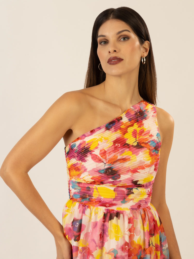 APART One-Shoulder Chiffonkleid mit Plissee-Drapierung vorne und Smoke-Einsatz hinten | pink-multicolor