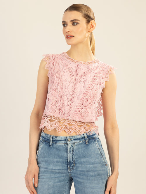 APART Spitzentop aus einer plastischen Spitze und mit Spitzenband verziert | mauve image 1