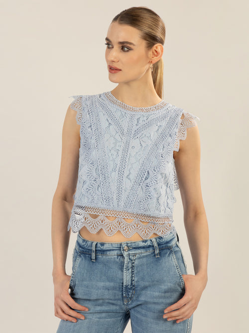 APART Spitzentop aus einer plastischen Spitze und mit Spitzenband verziert | hellblau image 1