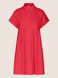 Mint & Mia Kurzes Baumwoll Kleid mit Stehkragen und Falten | pink