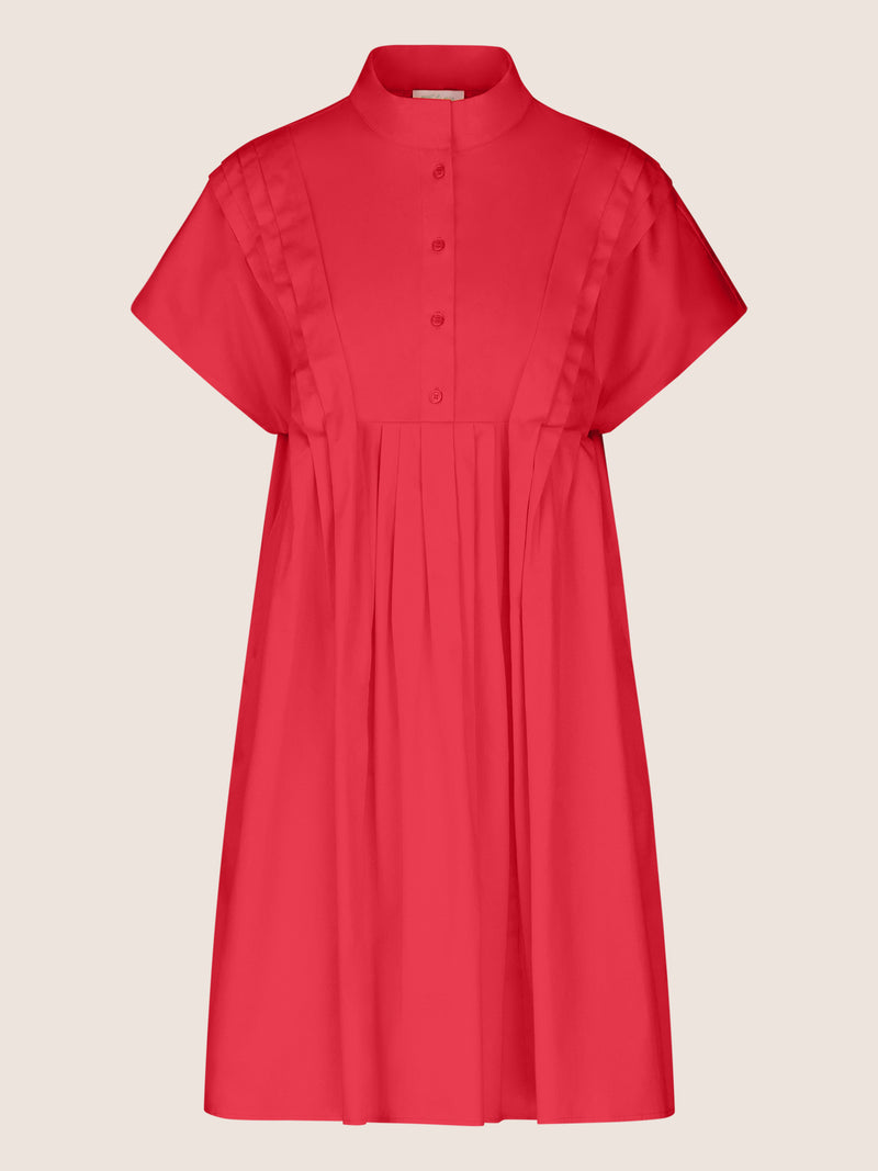 Mint & Mia Kurzes Baumwoll Kleid mit Stehkragen und Falten | pink