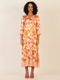Mint & Mia Langes bedrucktes Viskose satin Kleid mit floraler Bordüre | orange-multicolor