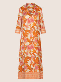 Mint & Mia Langes bedrucktes Viskose satin Kleid mit floraler Bordüre | orange-multicolor