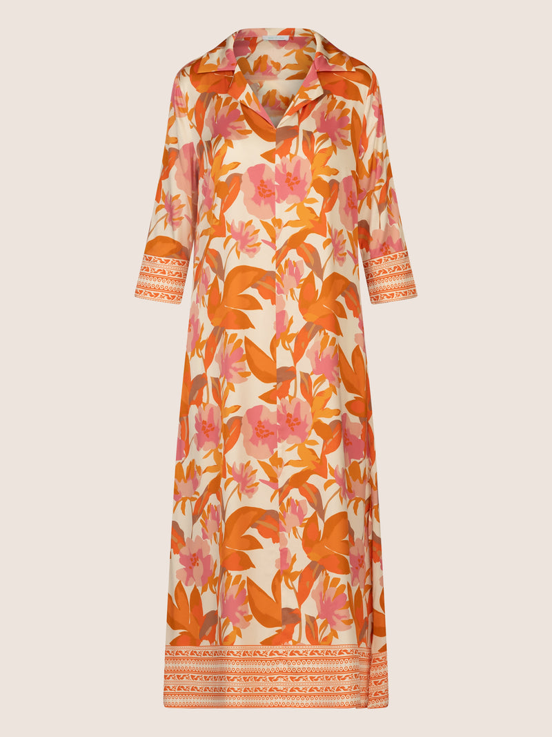 Mint & Mia Langes bedrucktes Viskose satin Kleid mit floraler Bordüre | orange-multicolor
