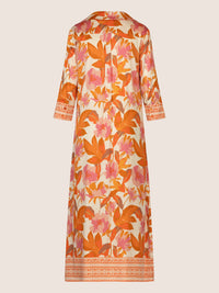 Mint & Mia Langes bedrucktes Viskose satin Kleid mit floraler Bordüre | orange-multicolor