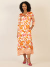 Mint & Mia Langes bedrucktes Viskose satin Kleid mit floraler Bordüre | orange-multicolor