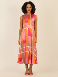 Mint & Mia Langes bedrucktes Viskose satin Kleid mit grafischem Print | rosa-multicolor