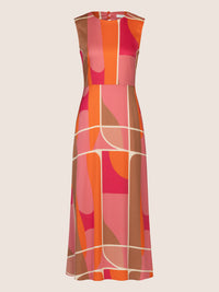 Mint & Mia Langes bedrucktes Viskose satin Kleid mit grafischem Print | rosa-multicolor